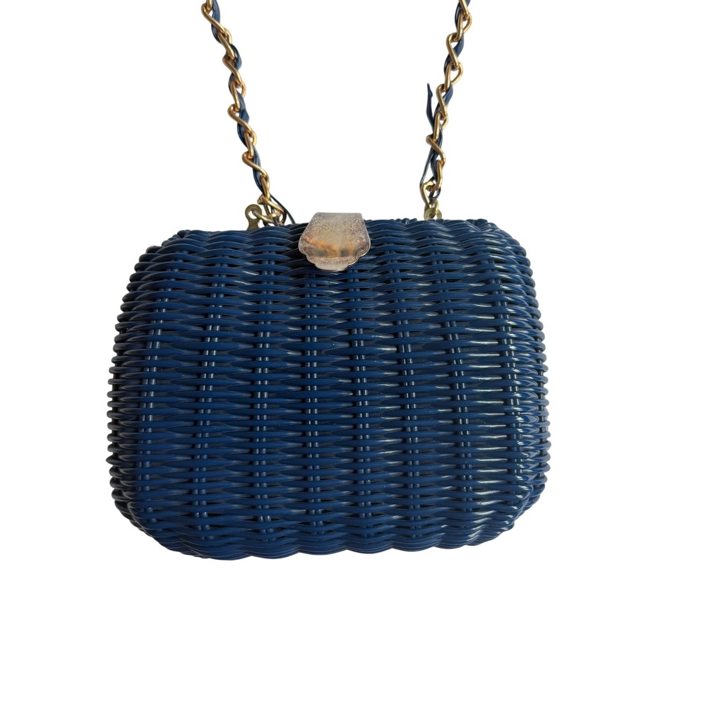 Vintage Navy Blue Wicker Box Purse Gold Chain Strap Crossbody MCM Clamshell Bag